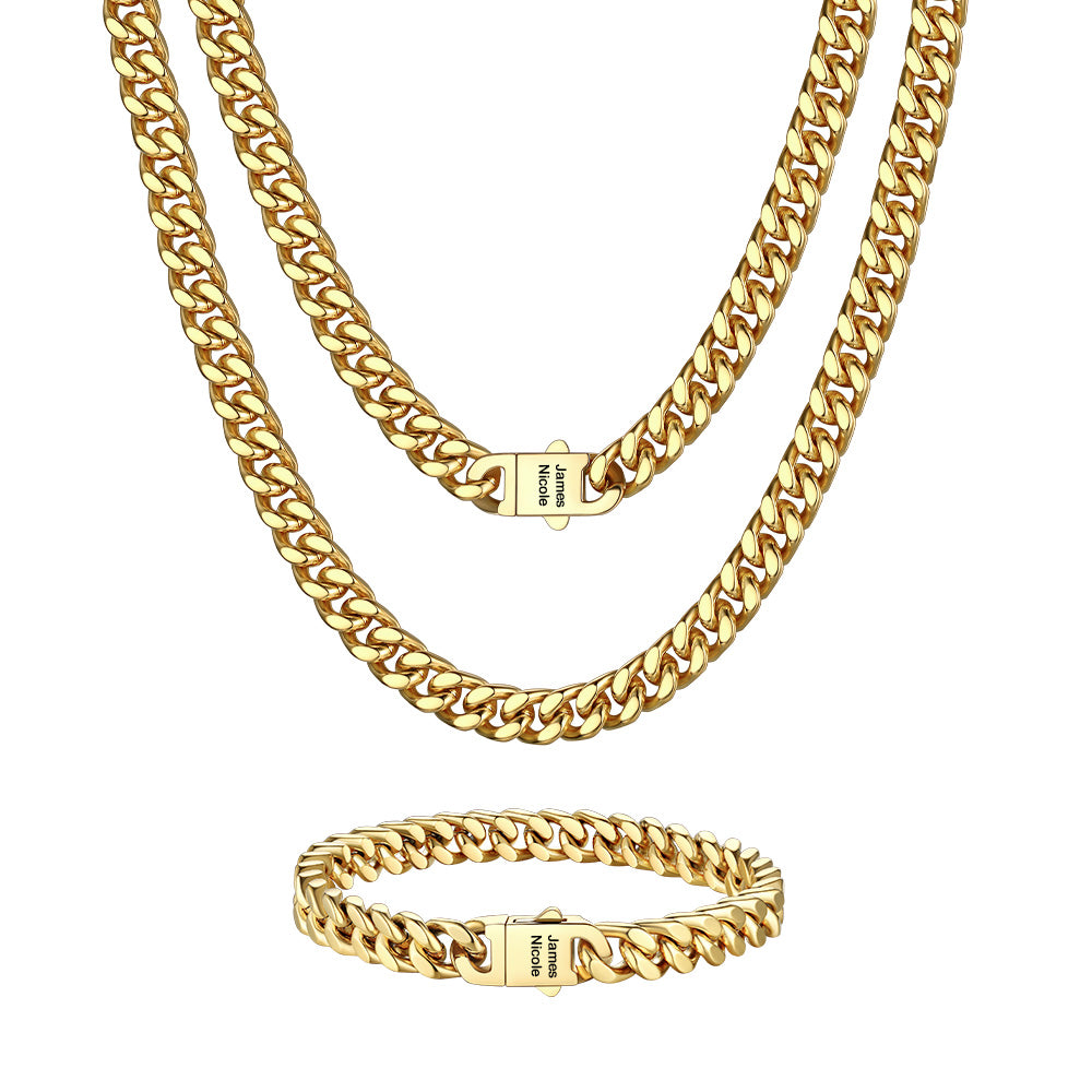 A Man Wearing Custom Engravable Cuban Chain Necklace & Bracelet Set 7MM in gold plated