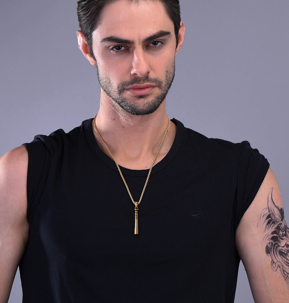 A Man Wearing Custom Engraved Baseball Bat Necklace