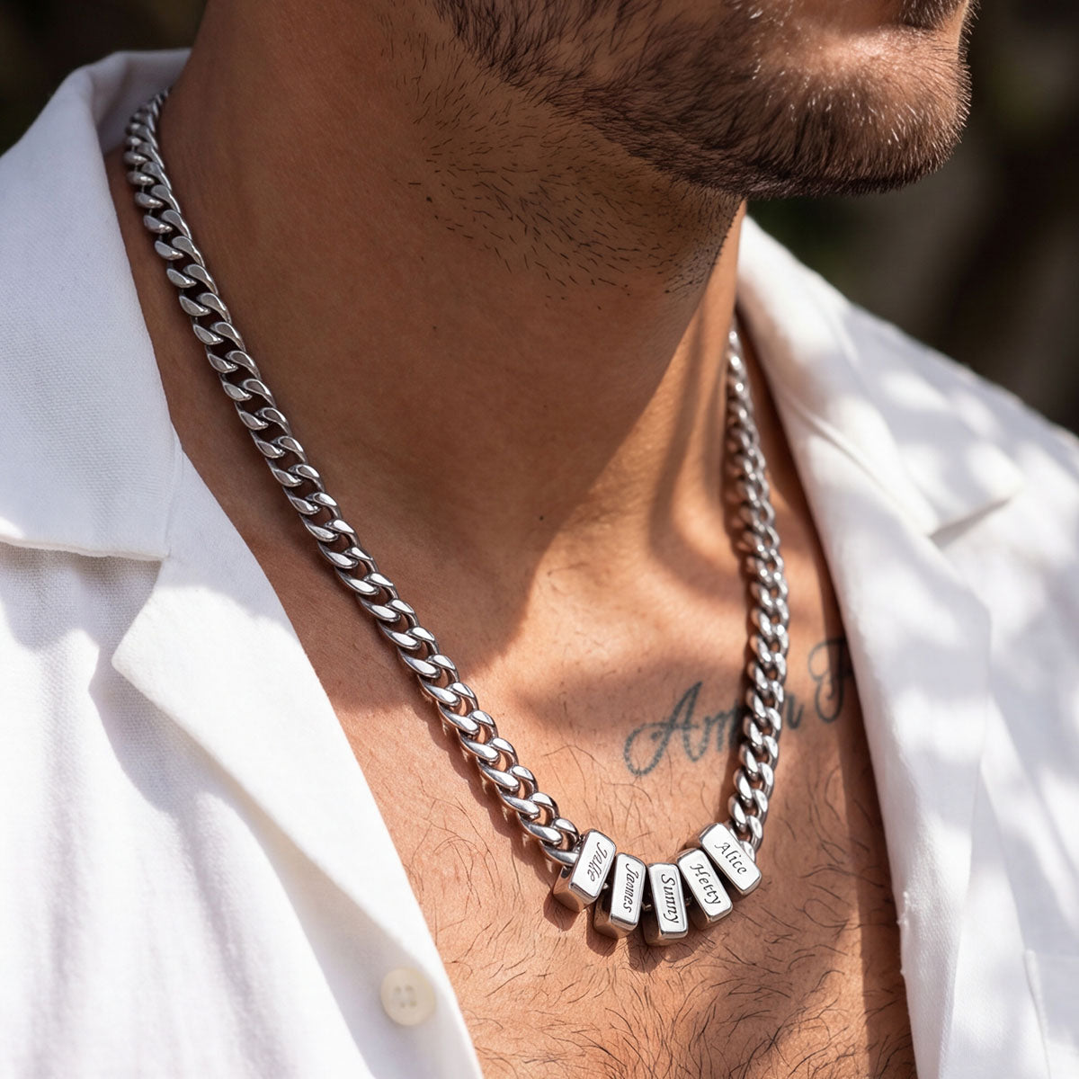 A Man Wearing Custom Engraved Charm Multi Name Cuban Link Necklace