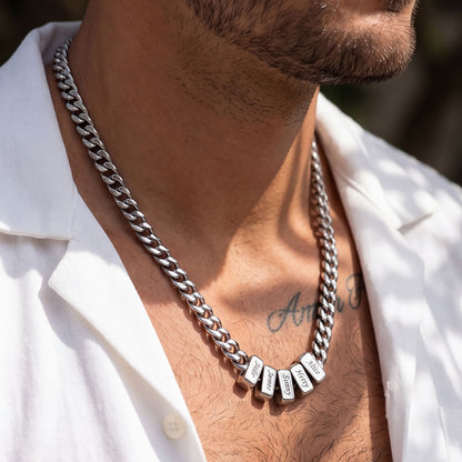 A Man Wearing Custom Engraved Charm Multi Name Cuban Link Necklace