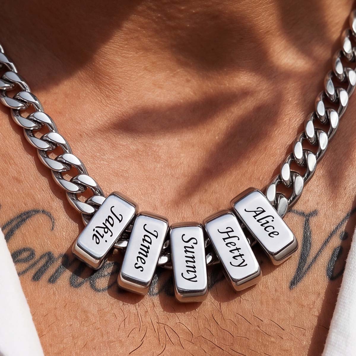 A Man Wearing Custom Engraved Charm Multi Name Cuban Link Necklace Steel