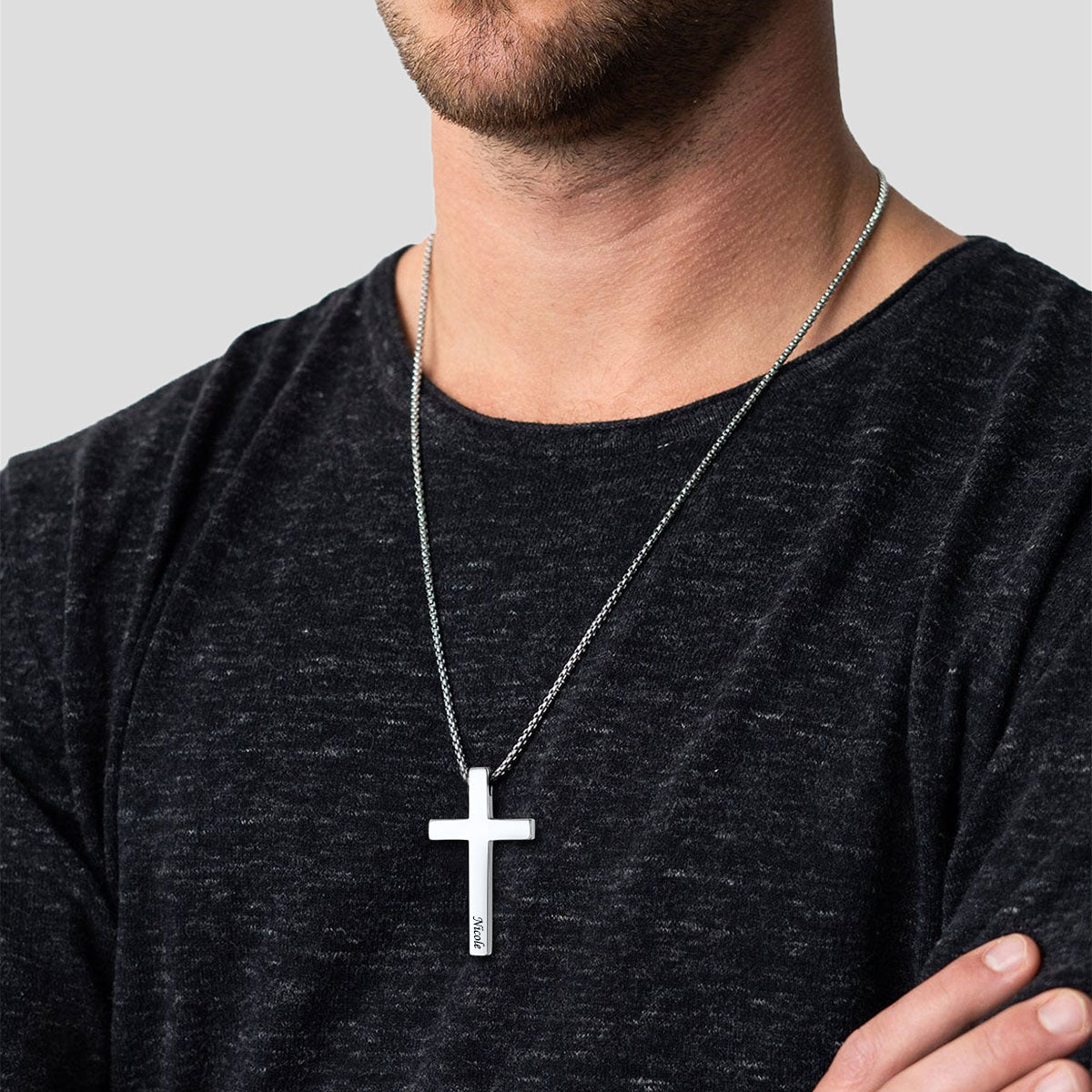 A Man Wearing Custom Engraved Cross Necklace