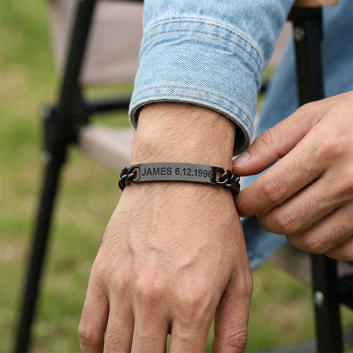 A Man Wearing Custom Engraved Text Bar Chain Bracelet Gold Plated