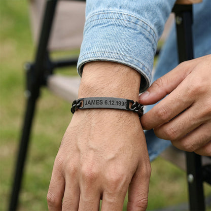 A Man Wearing Custom Engraved Text Bar Chain Bracelet Gold Plated