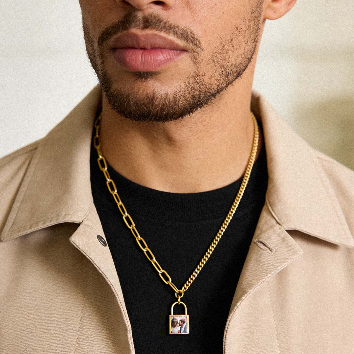 A Man Wearing Custom Lock Chian Necklace