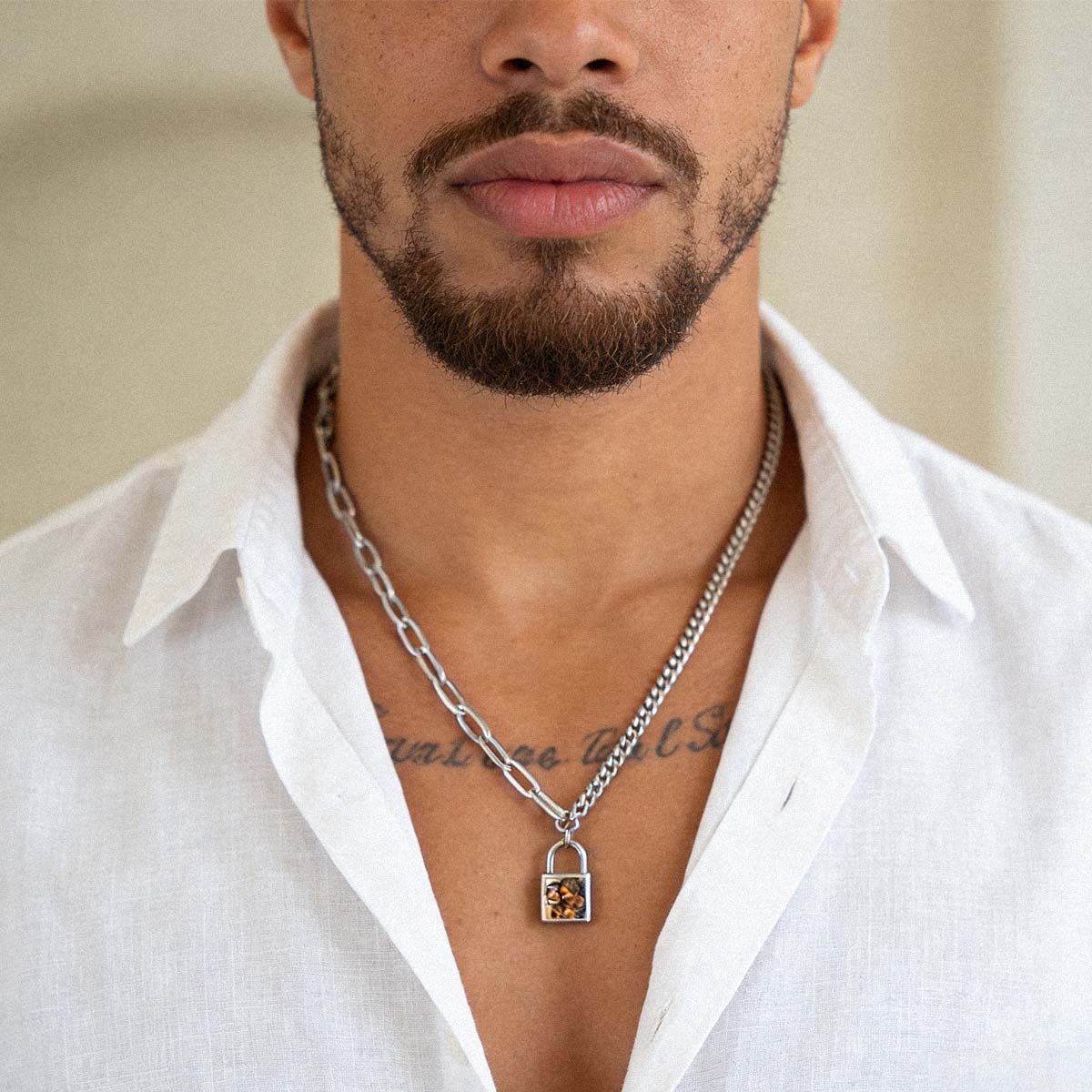 A Man Wearing Custom Lock Chian Necklace with Photo