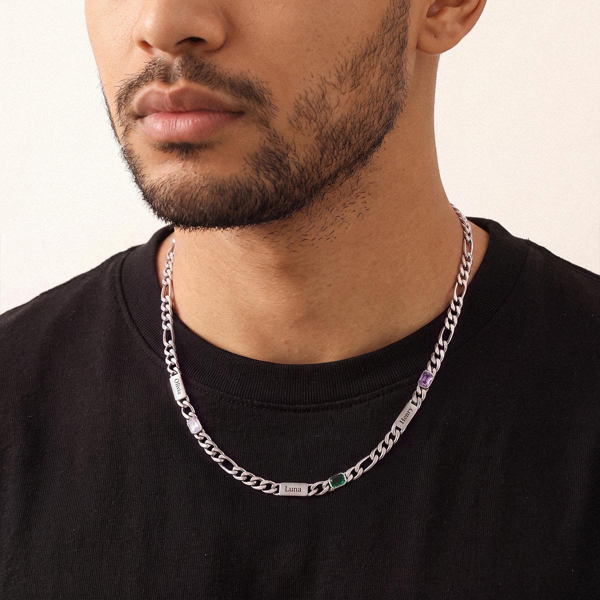 A Man Wearing Custom Multi-Name Birthstone Figaro Chain Necklace