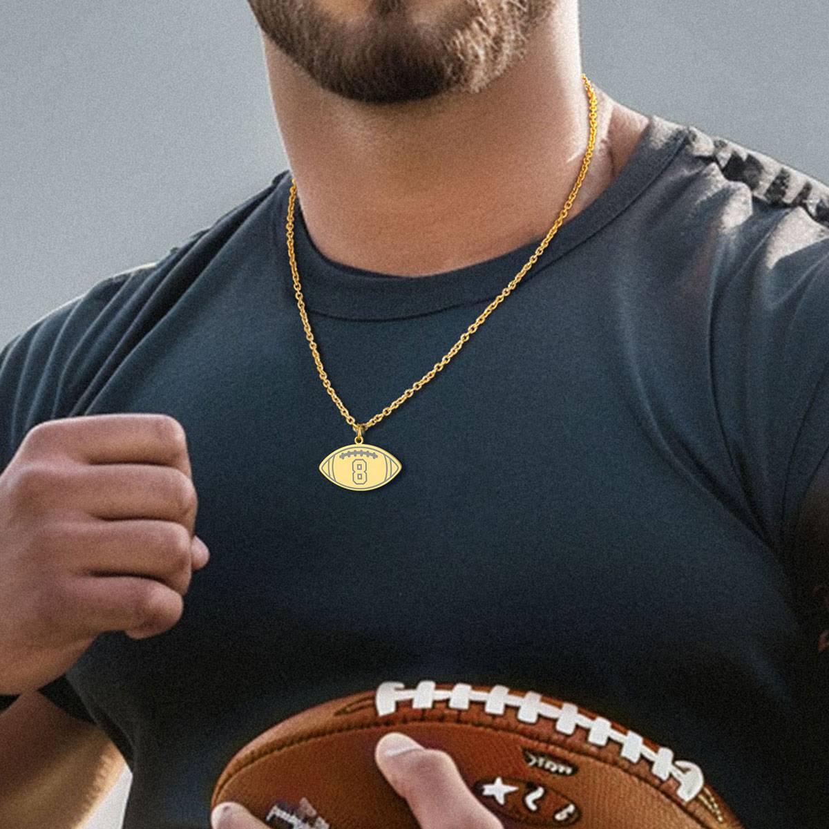 A Man Wearing Custom Name Ball Sport Necklaces Jersey Number Necklace