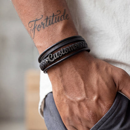 A Man Wearing Custom Name Braided Leather Bracelet