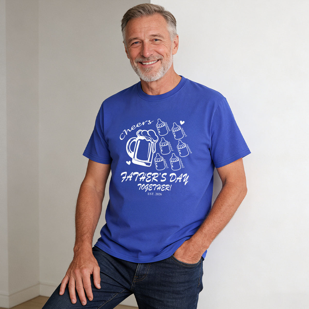 A Man Wearing Custom Name Cheers Bottle T Shirt for Dad