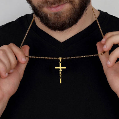 A Man Wearing Custom Name Cross Necklace