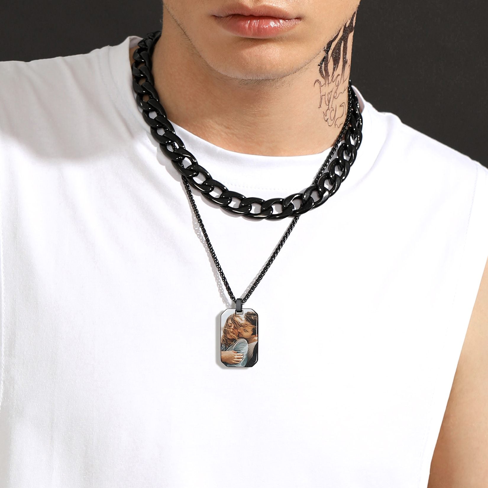 A Man Wearing Custom Octagon Dog Tag Picture Necklace 