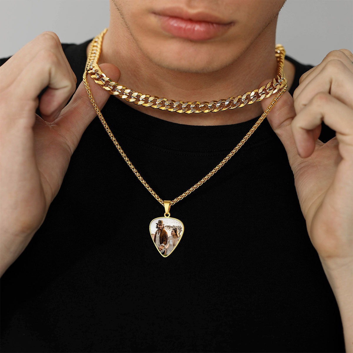 A Man Wearing Custom Photo Hip Hop Punk Guitar Pick Necklace
