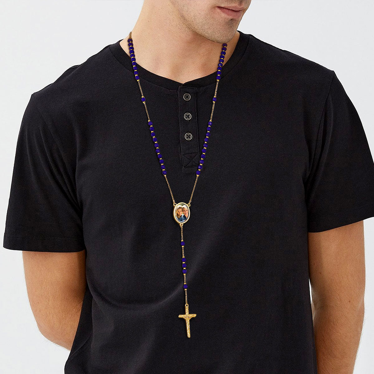 A Man Wearing Custom Photo Rosary Beads Cross Necklace