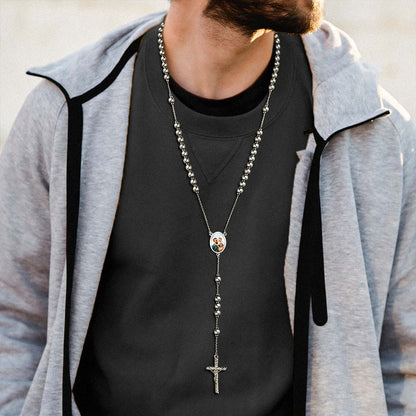 A Man Wearing Custom Photo Rosary Beads Necklace