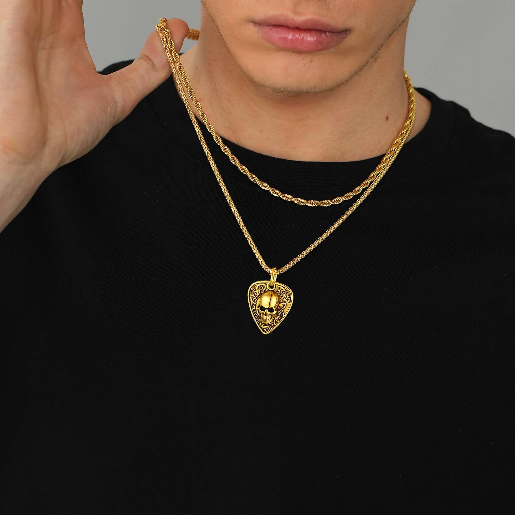A Man Wearing Custom Punk Guitra Pick Skull Necklace