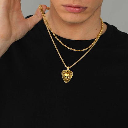 A Man Wearing Custom Punk Guitra Pick Skull Necklace