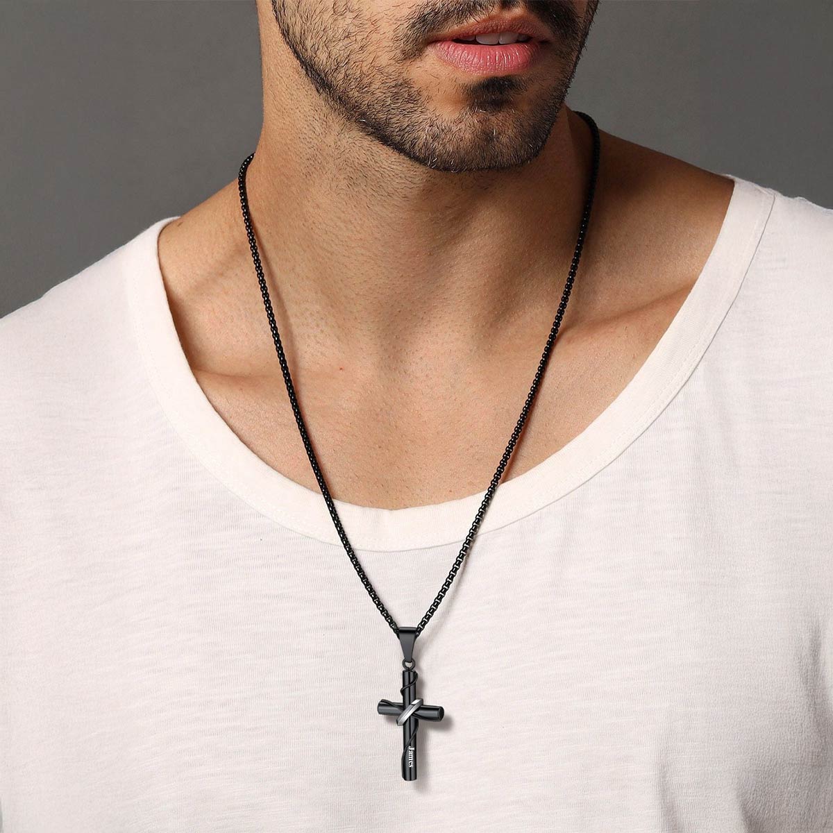 A Man Wearing Custom Wrap Cross Necklace