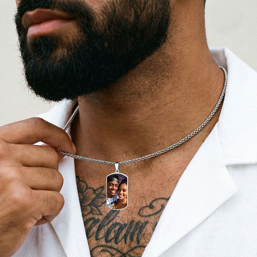 A Man Wearing Customized Fingerprint Picture Dog Tag Necklace