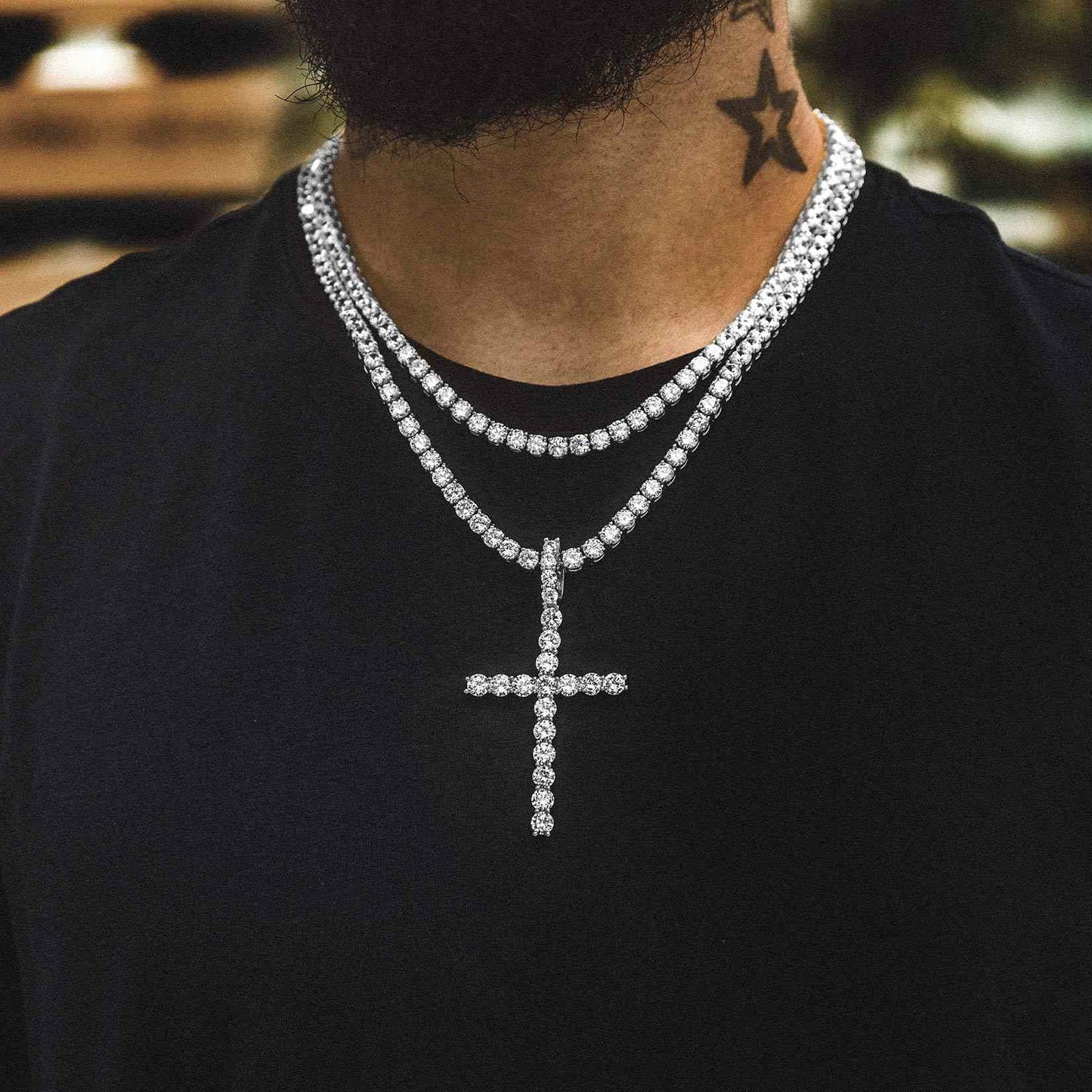 A Man Wearing CZ Tennis Necklace