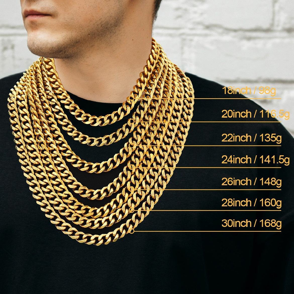Gold chain necklace with measurement details on a plain background