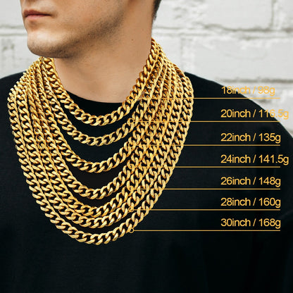 Gold chain necklace with measurement details on a plain background
