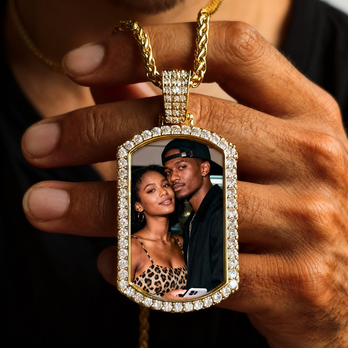 A Man Wearing Dog Tag CZ Picture Necklace
