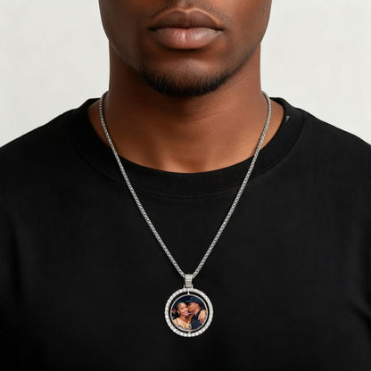 A Man Wearing Double Sided Picture Necklace With Cubic Zirconia