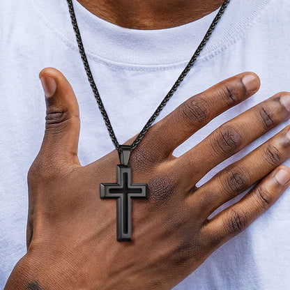 A Man Wearing Engraved Dripping Oil Cross Necklace