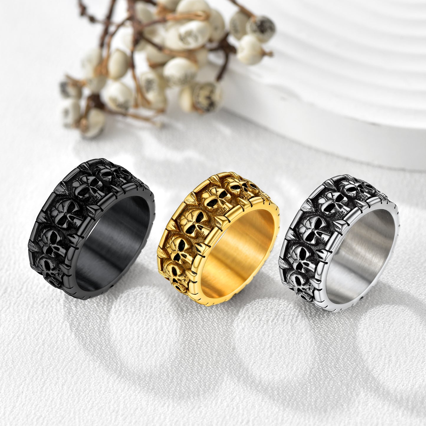 A Man Wearing Engraved Gothic Skull Ring in different color
