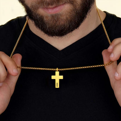 A Man Wearing Engraved Latin Cross Urn Necklaces