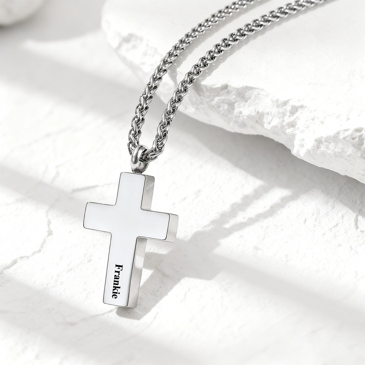 A Man Wearing Engraved Latin Cross Urn Necklaces Stee