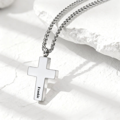 A Man Wearing Engraved Latin Cross Urn Necklaces Stee