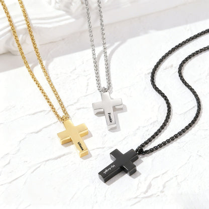 A Man Wearing Engraved Latin Cross Urn Necklaces in different color