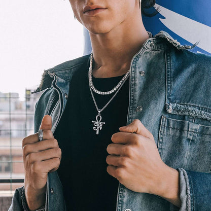 A Man Wearing Eye of Horus Ankh Cross Necklace