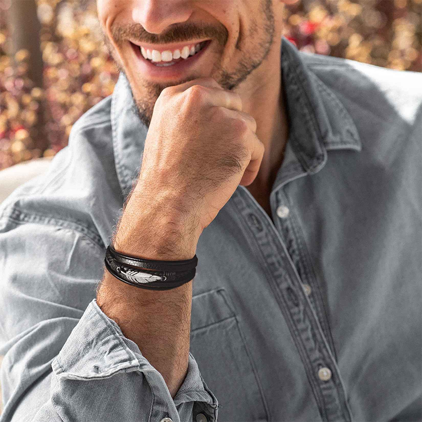 A Man Wearing Feather Leaf Leather Bracelet