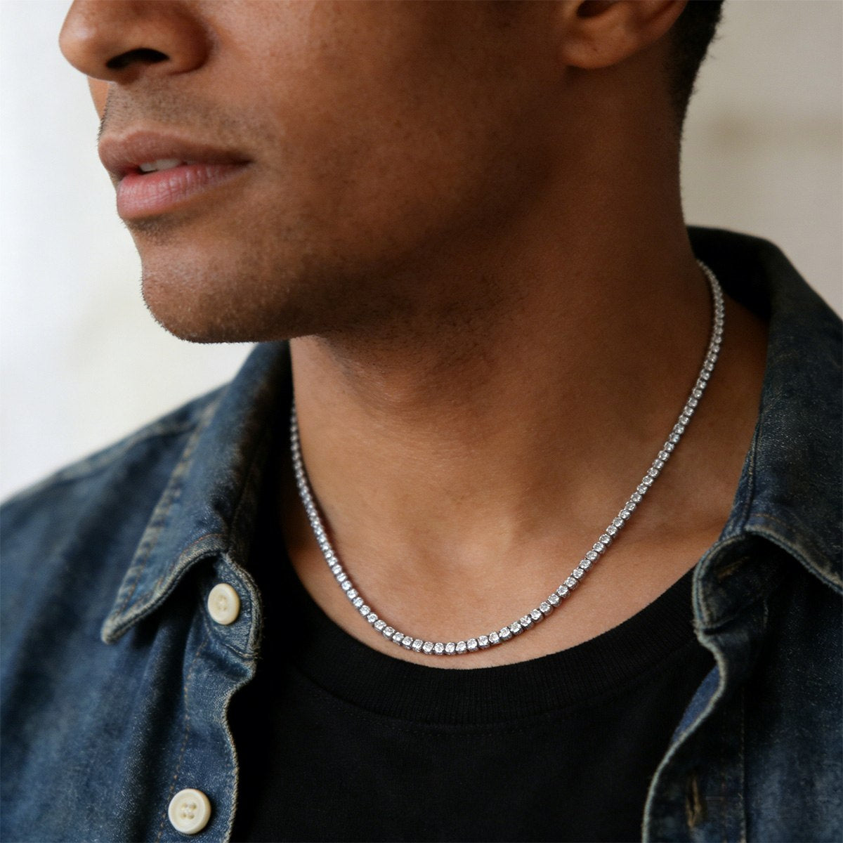 A Man Wearing Fully Cubic Tennis Necklace