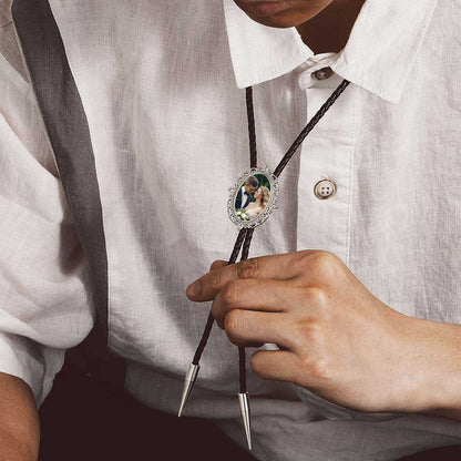 A Man Wearing Genunie Leather Photo Bolo Ties