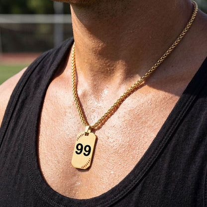 A Man Wearing Gold Custom Baseball Dog Tag Necklaces with Number