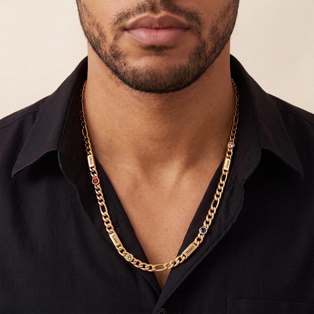 A Man Wearing Gold Plated Custom Multi-Name Birthstone Figaro Chain Necklace