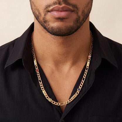 A Man Wearing Gold Plated Custom Multi-Name Birthstone Figaro Chain Necklace