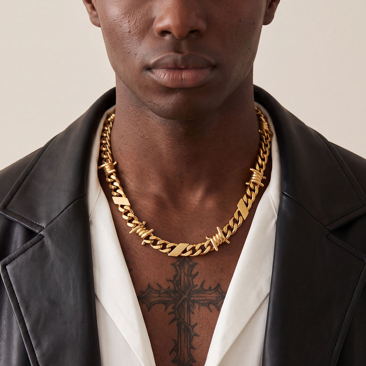 A Man Wearing Gold Plated Personalized Multi-Name Barbed Wire Cuban Link Necklace