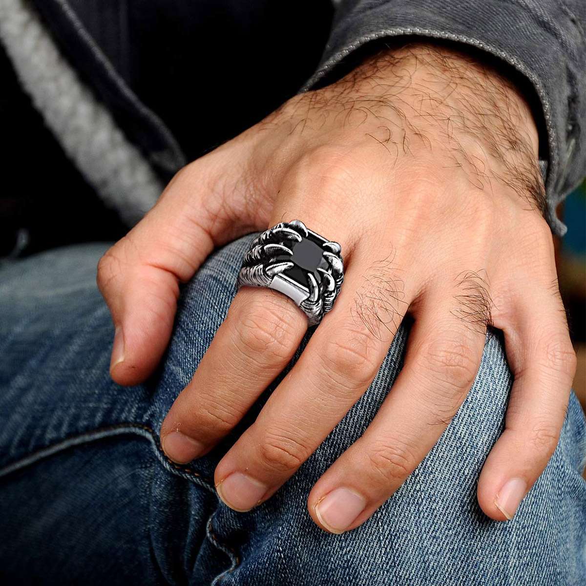 A Man Wearing Gothic Dragon Claw Eye Ring for Men
