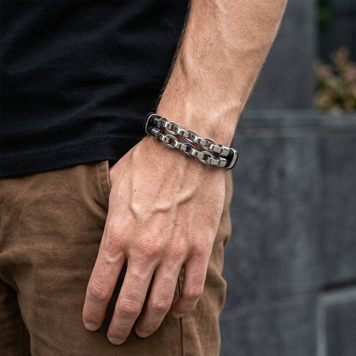 A Man Wearing Gothic Leather Bracelet with Double-Row Stainless Steel Chain