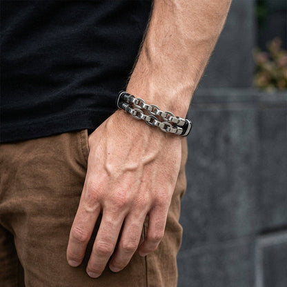 A Man Wearing Gothic Leather Bracelet with Double-Row Stainless Steel Chain