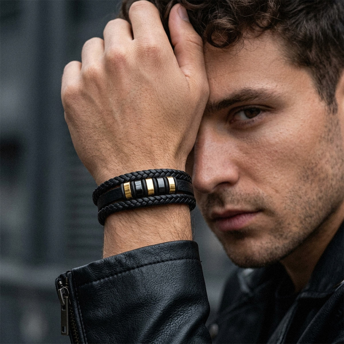 A Man Wearing Gothic Multilayer Braided Leather Bracelet