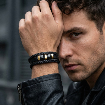 A Man Wearing Gothic Multilayer Braided Leather Bracelet