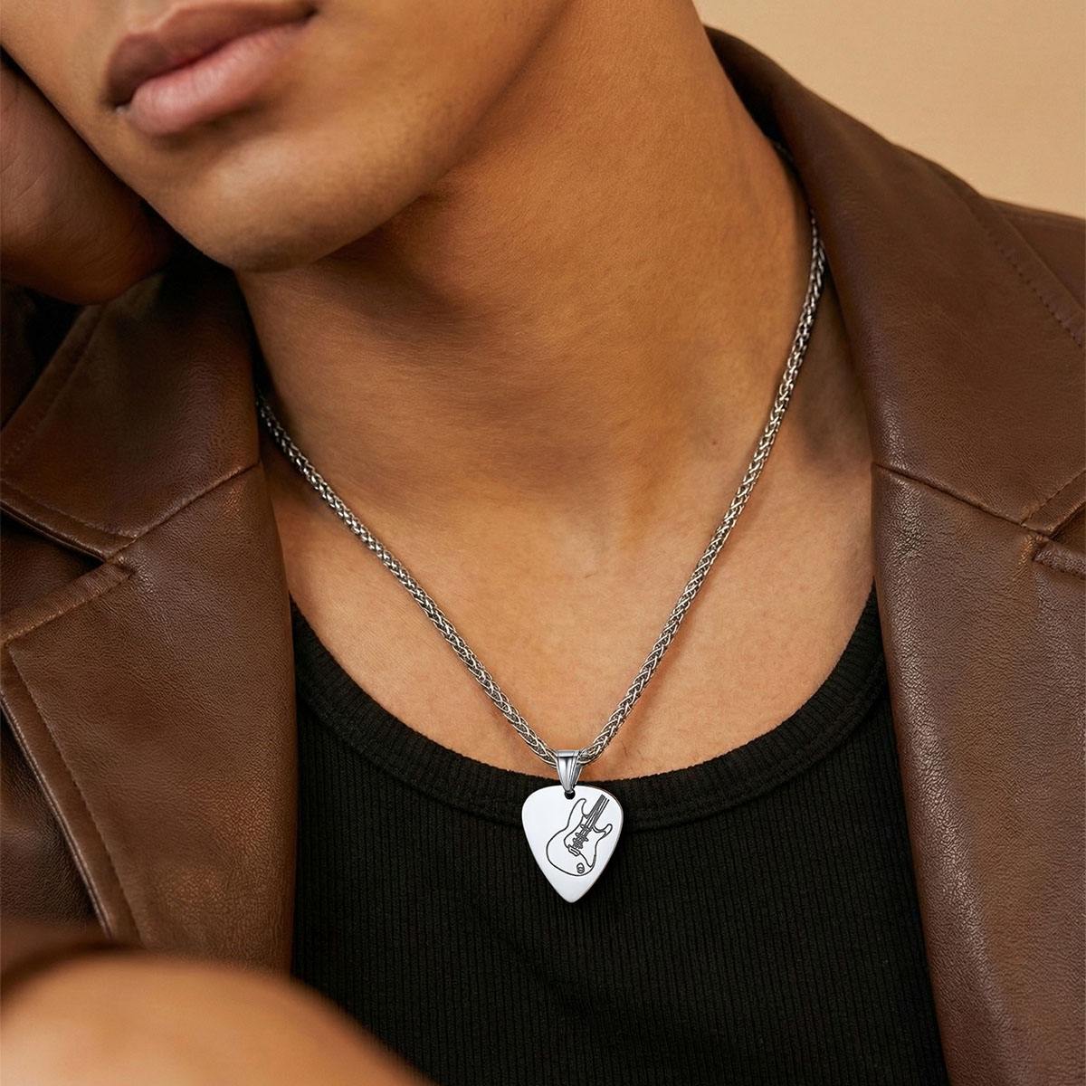 A Man Wearing Hip Hop Punk Guitar Pick Necklace