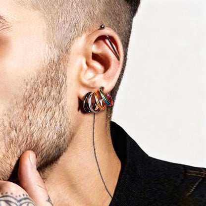 A Man Wearing Huggie Ear Cuff Clip On Hoop Earrings Set