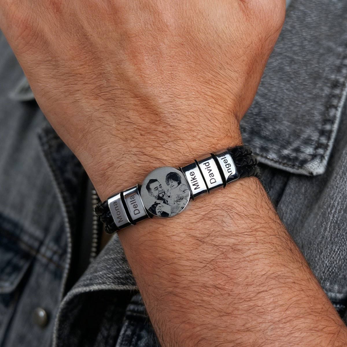 A Man Wearing Leather Braided Photo Bracelet with Engraving Beads